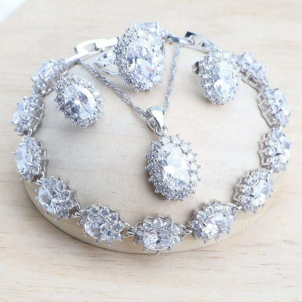 Silver 925 Women Bridal Jewelry Sets Blue Zirconia Costume Fine Jewellery Wedding Necklace Earrings Rings Bracelets Pendant Set Online Hot Sale - Image 4