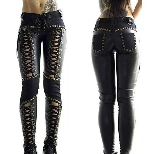 Women Pants Punk Rock Imitation Leather Pencil Pants New Sexy Hollow Out Bandage Leggings Streetwear Women s Pants For Cheap - Image 3