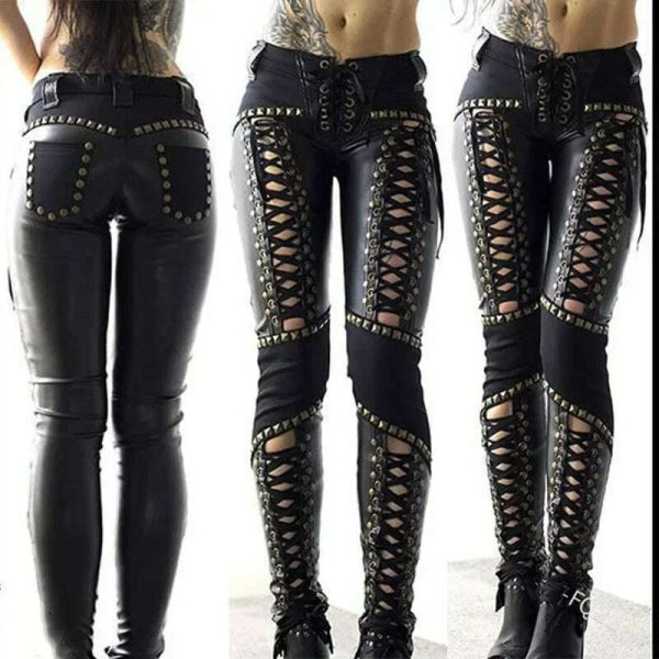Women Pants Punk Rock Imitation Leather Pencil Pants New Sexy Hollow Out Bandage Leggings Streetwear Women s Pants For Cheap - Image 2