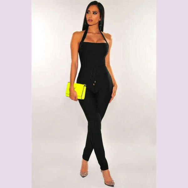 High Quality Black Women Turtleneck Neck Rayon Bandage Jumpsuit Sexy Bodycon Celebrity Party Jumpsuits Vestidos Supply - Image 3